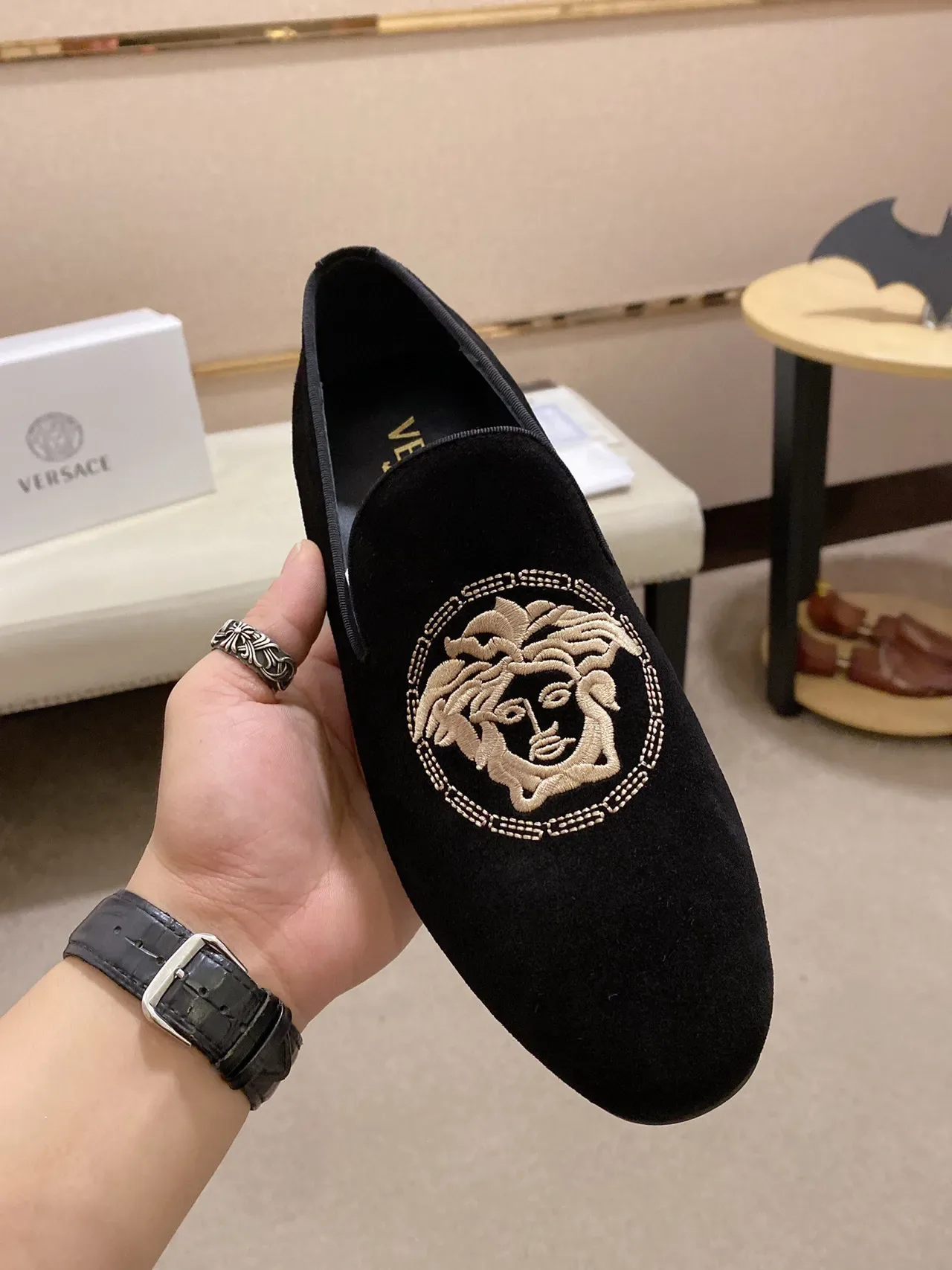 Black Gold Velvet-Like Upper Embroidered Medusa-Style Motif Loafer 9