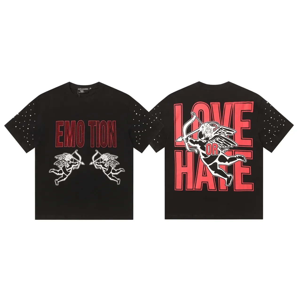 Black Graphic Print Rhinestone Sleeve Cupid Motif T-Shirt 2