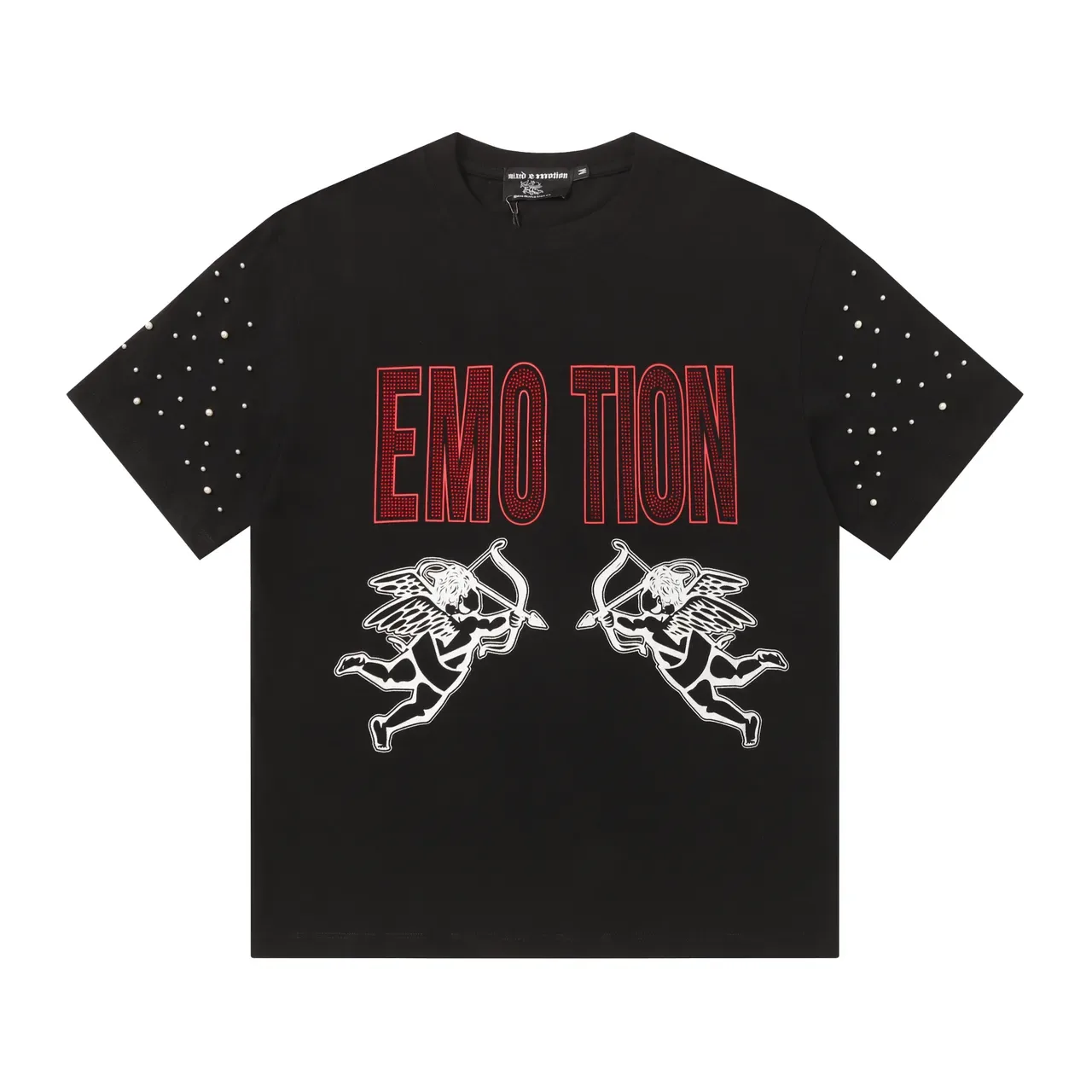 Black Graphic Print Rhinestone Sleeve Cupid Motif T-Shirt 3