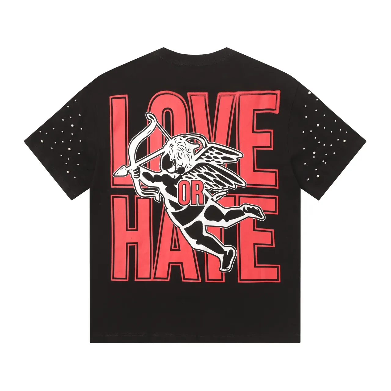 Black Graphic Print Rhinestone Sleeve Cupid Motif T-Shirt 4
