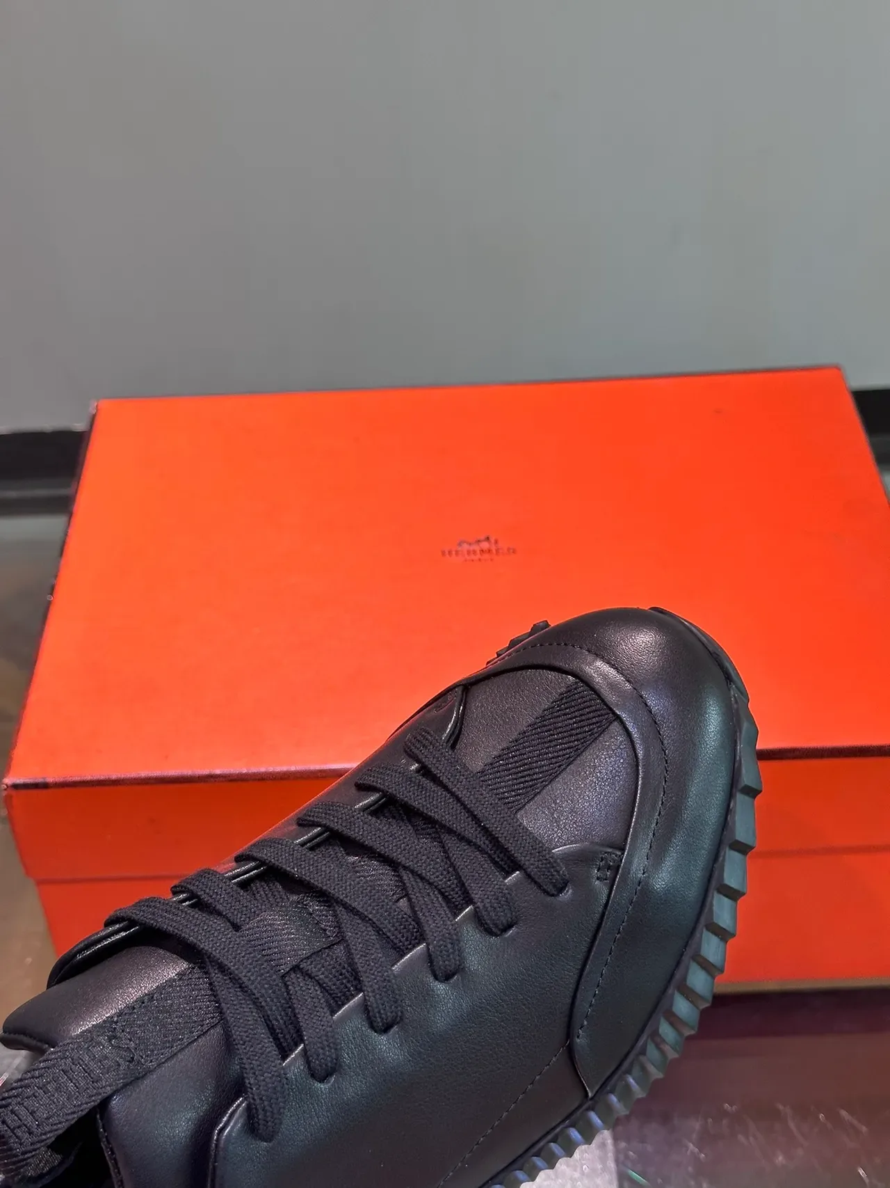 Black Matte Leather Upper Sculpted Ridged Rubber Sole Sneakers 3