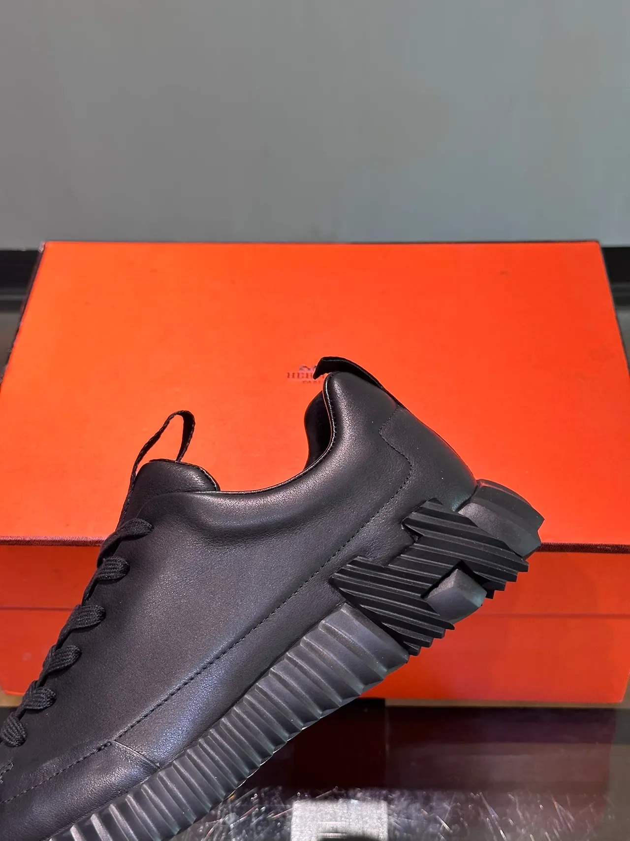 Black Matte Leather Upper Sculpted Ridged Rubber Sole Sneakers 4