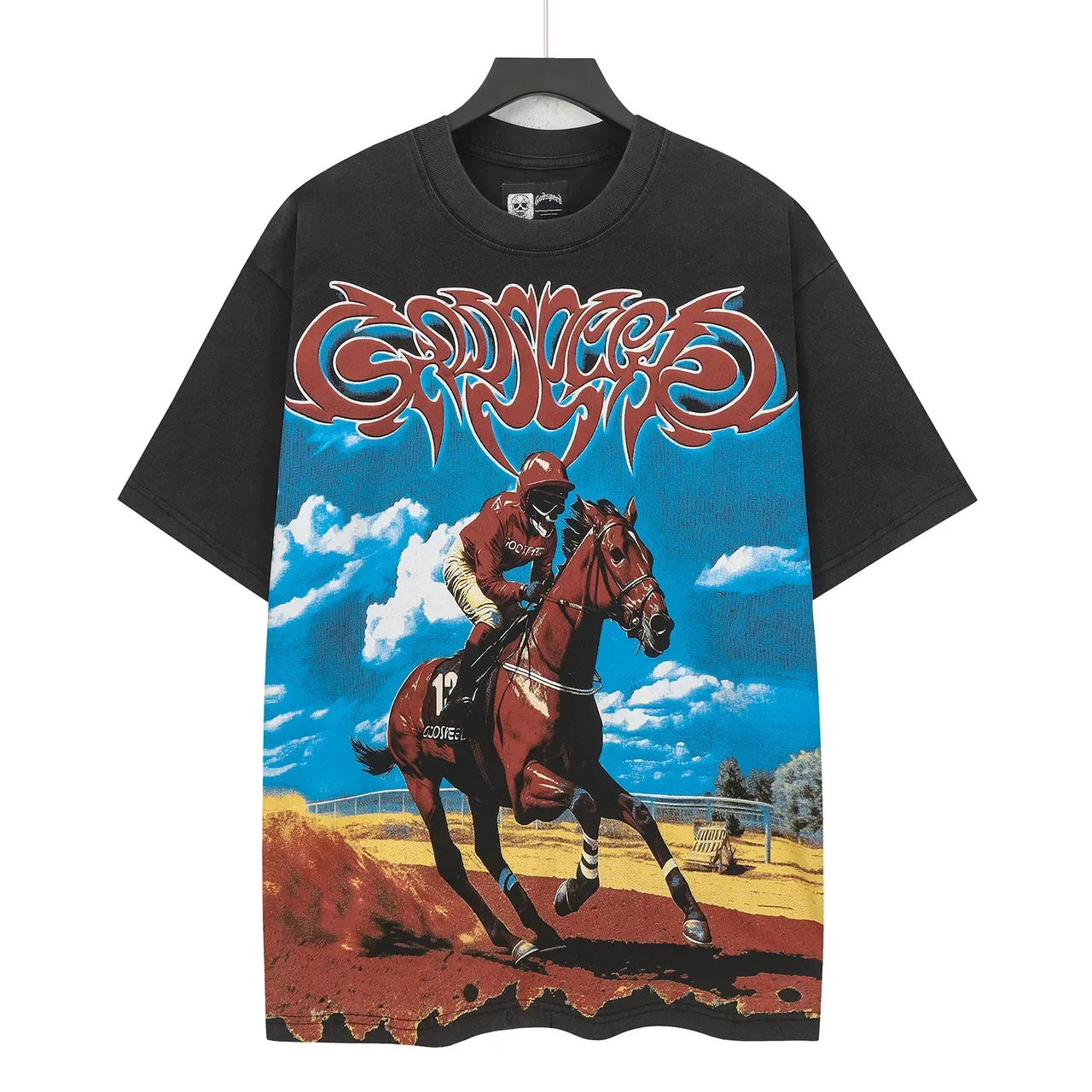 Black Oversized Graphic Print Racer Horse T-Shirt 2