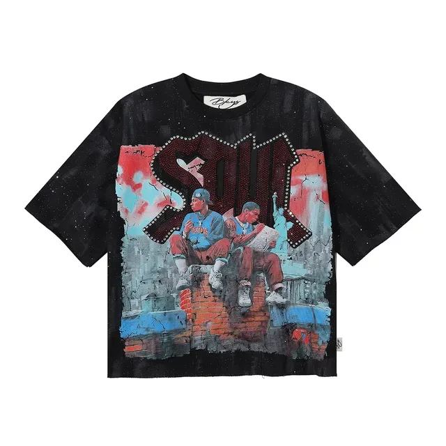 Black Oversized Graphic-Print Urban Illustration T-Shirt 5