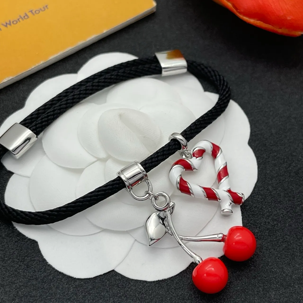 Black Red Braided Cord Enamel Charm Bracelet 3