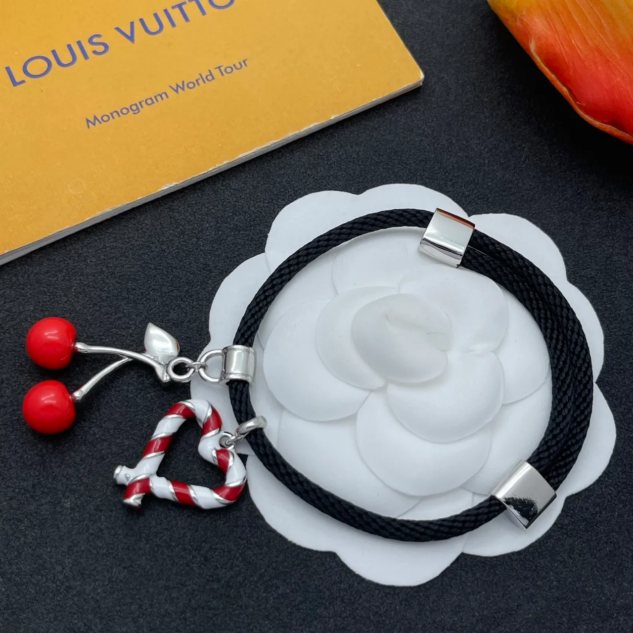 Black Red Braided Cord Enamel Charm Bracelet 4