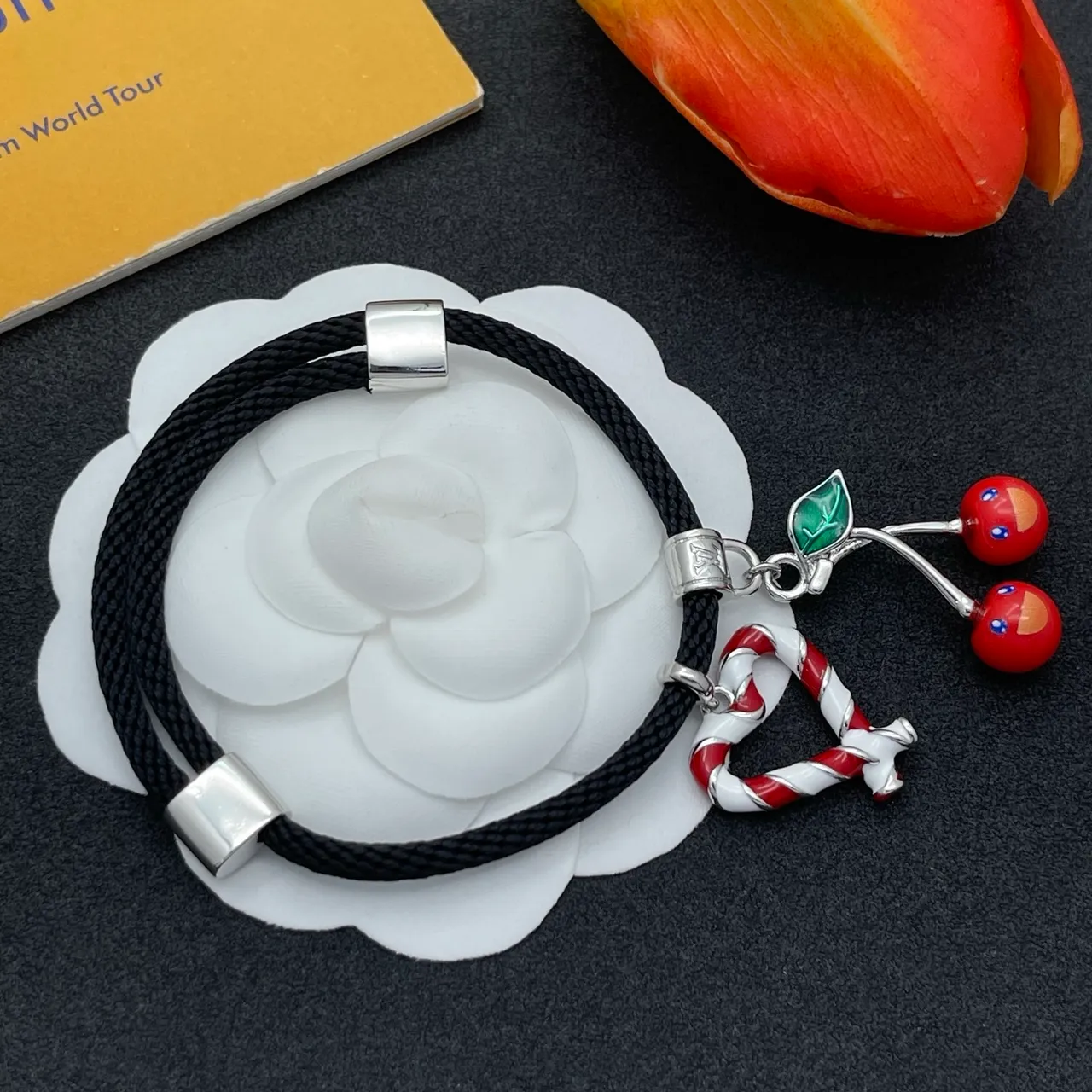 Black Red Braided Cord Enamel Charm Bracelet 5