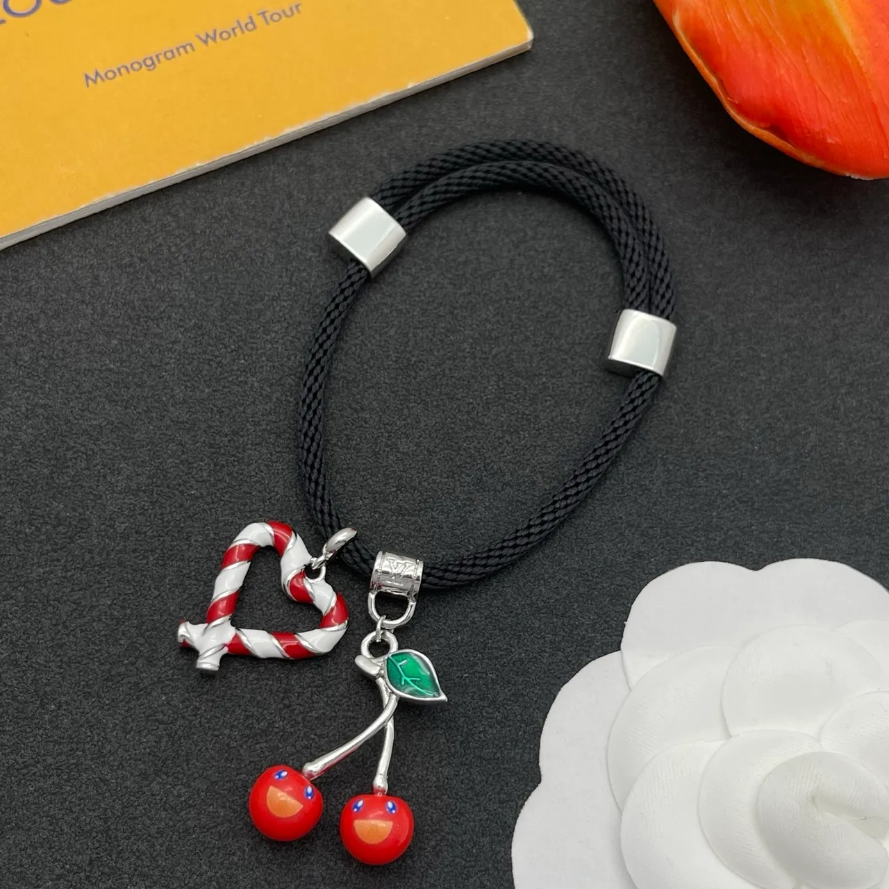 Black Red Braided Cord Enamel Charm Bracelet 7