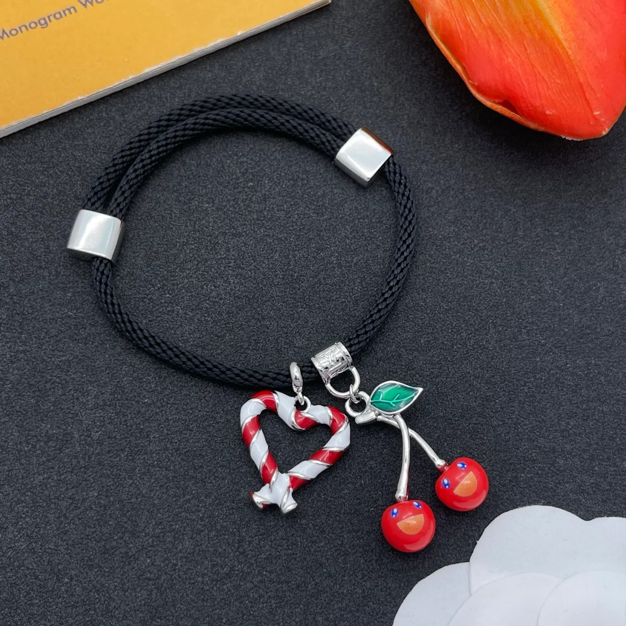 Black Red Braided Cord Enamel Charm Bracelet 8