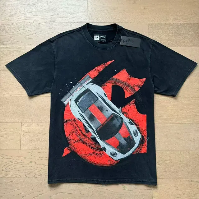 Black Red White Racing Car Graphic Oversized T-Shirt 5