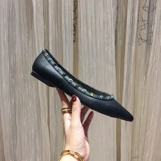 Black Studded Gem-Accented Pointed-Toe Ballet Flats
