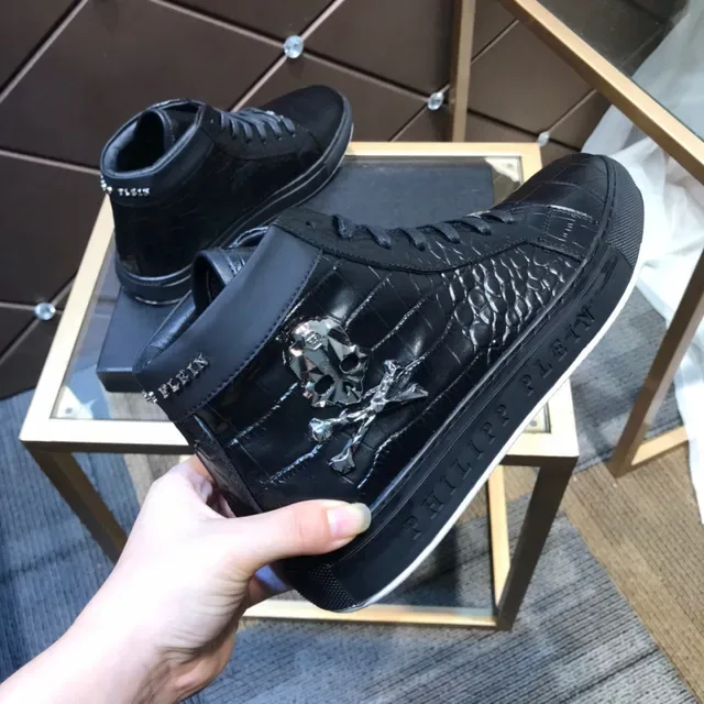 Black White High-Top Crocodile-Embossed Leather Sneakers 2
