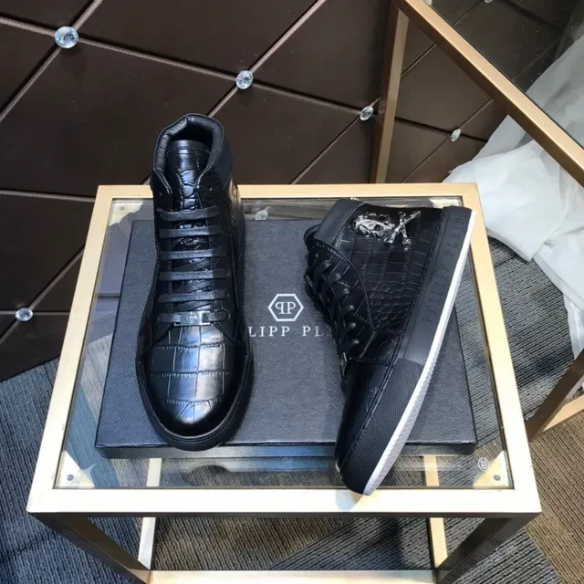 Black White High-Top Crocodile-Embossed Leather Sneakers 7