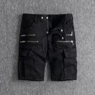 Black Zippered Cargo Moto Shorts