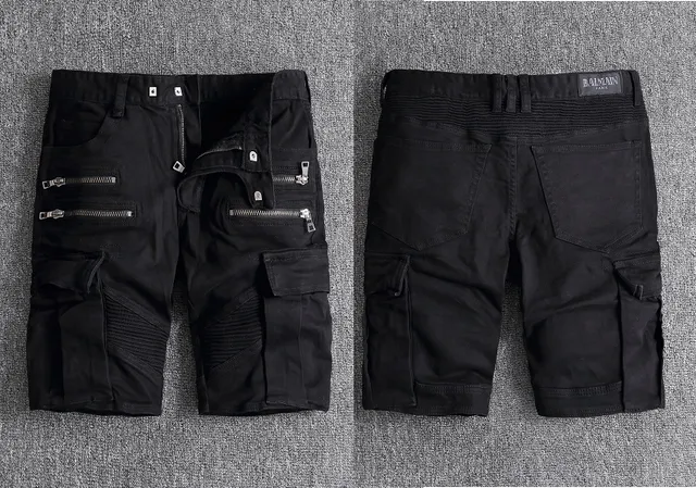 Black Zippered Cargo Moto Shorts 14