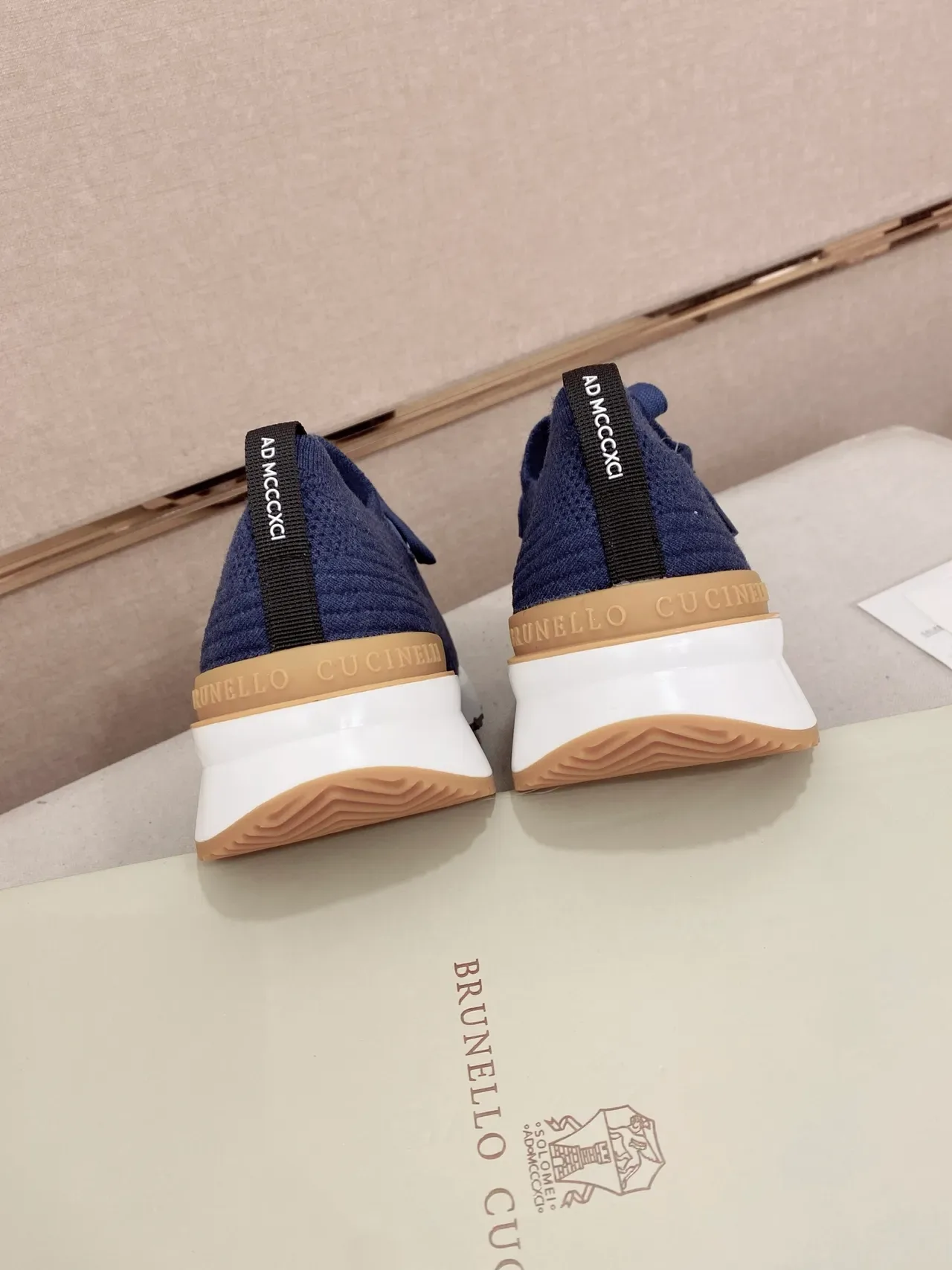 Blue Beige Knit Upper Sculpted Layered Midsole Sneakers 3