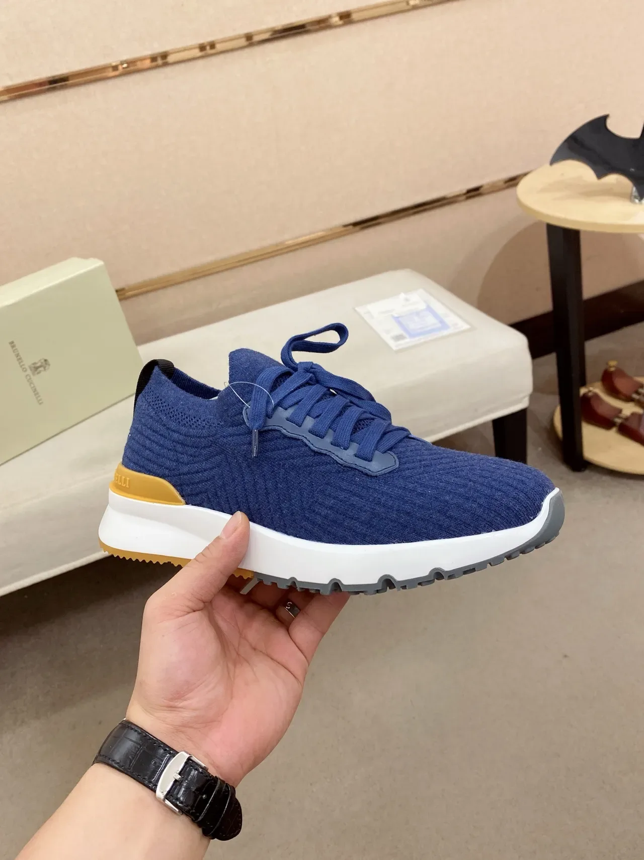 Blue Beige Knit Upper Sculpted Layered Midsole Sneakers 4