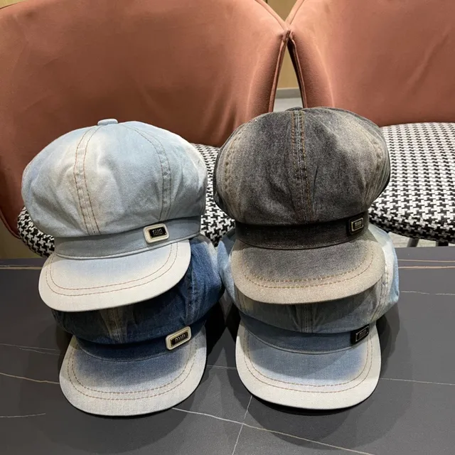 Blue Black Denim Construction Eight-Panel Crown Beret 2