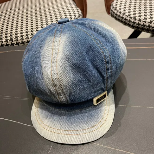 Blue Black Denim Construction Eight-Panel Crown Beret 3