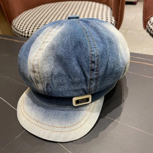 Blue Black Denim Construction Eight-Panel Crown Beret 4
