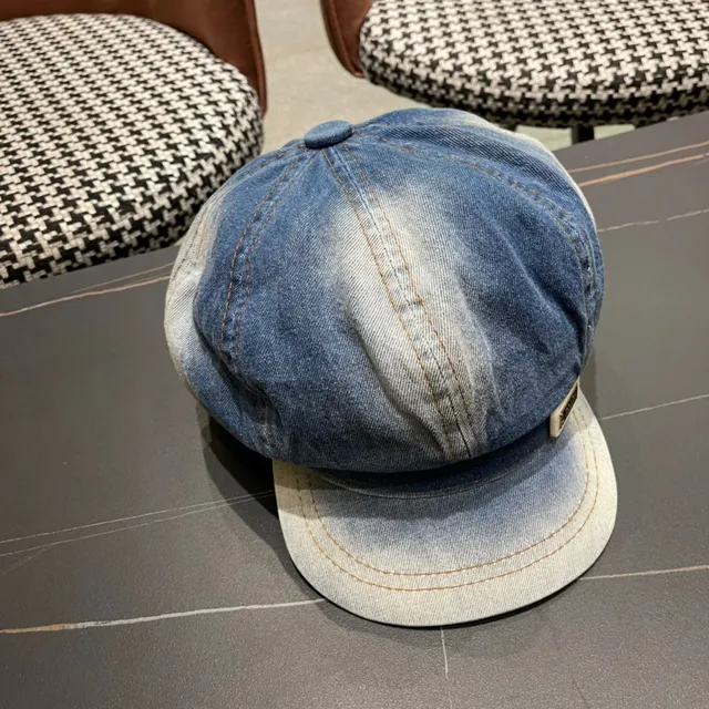 Blue Black Denim Construction Eight-Panel Crown Beret 5