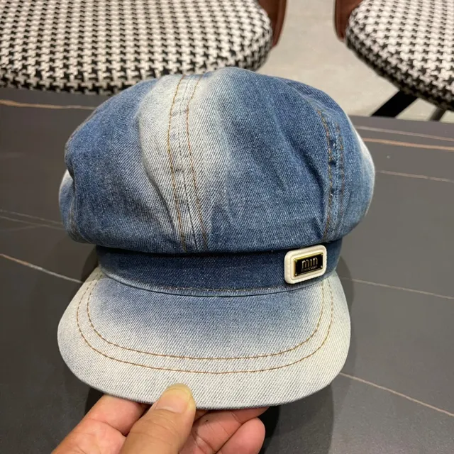 Blue Black Denim Construction Eight-Panel Crown Beret 7