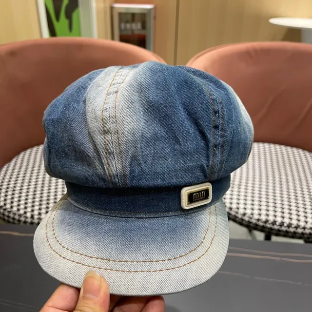 Blue Black Denim Construction Eight-Panel Crown Beret 8