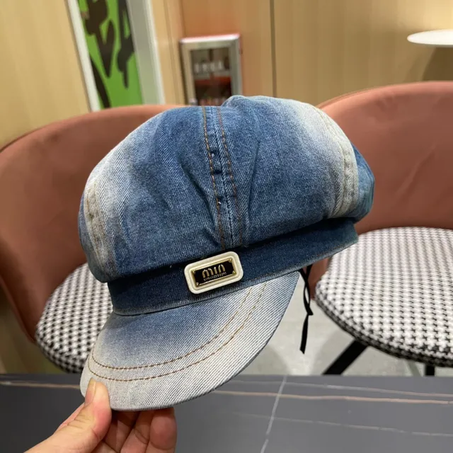 Blue Black Denim Construction Eight-Panel Crown Beret 10