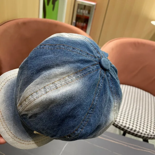 Blue Black Denim Construction Eight-Panel Crown Beret 11