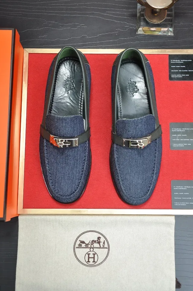 Blue Black Denim Upper Leather-Trimmed Saddle Strap Loafer 5