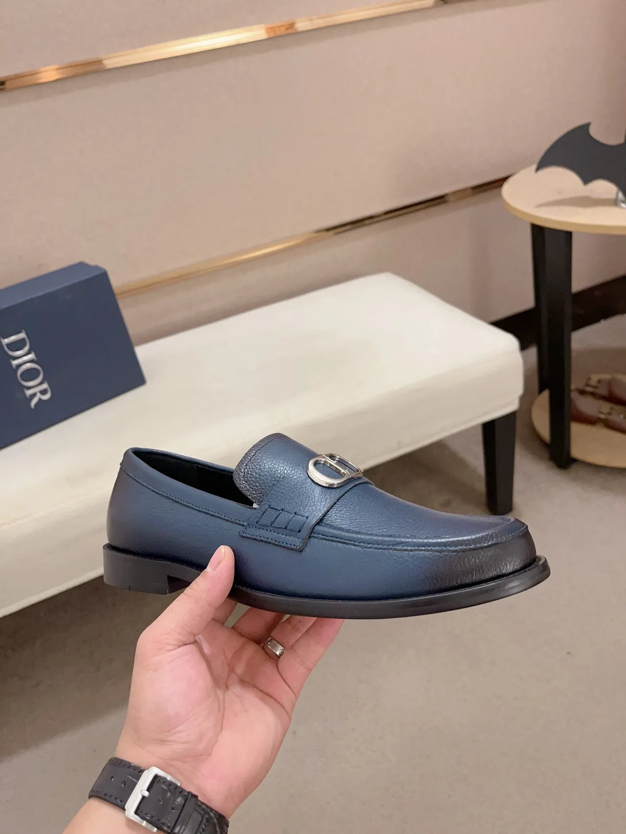 Blue Black Pebbled Leather Metal D-Buckle Strap Loafer 4
