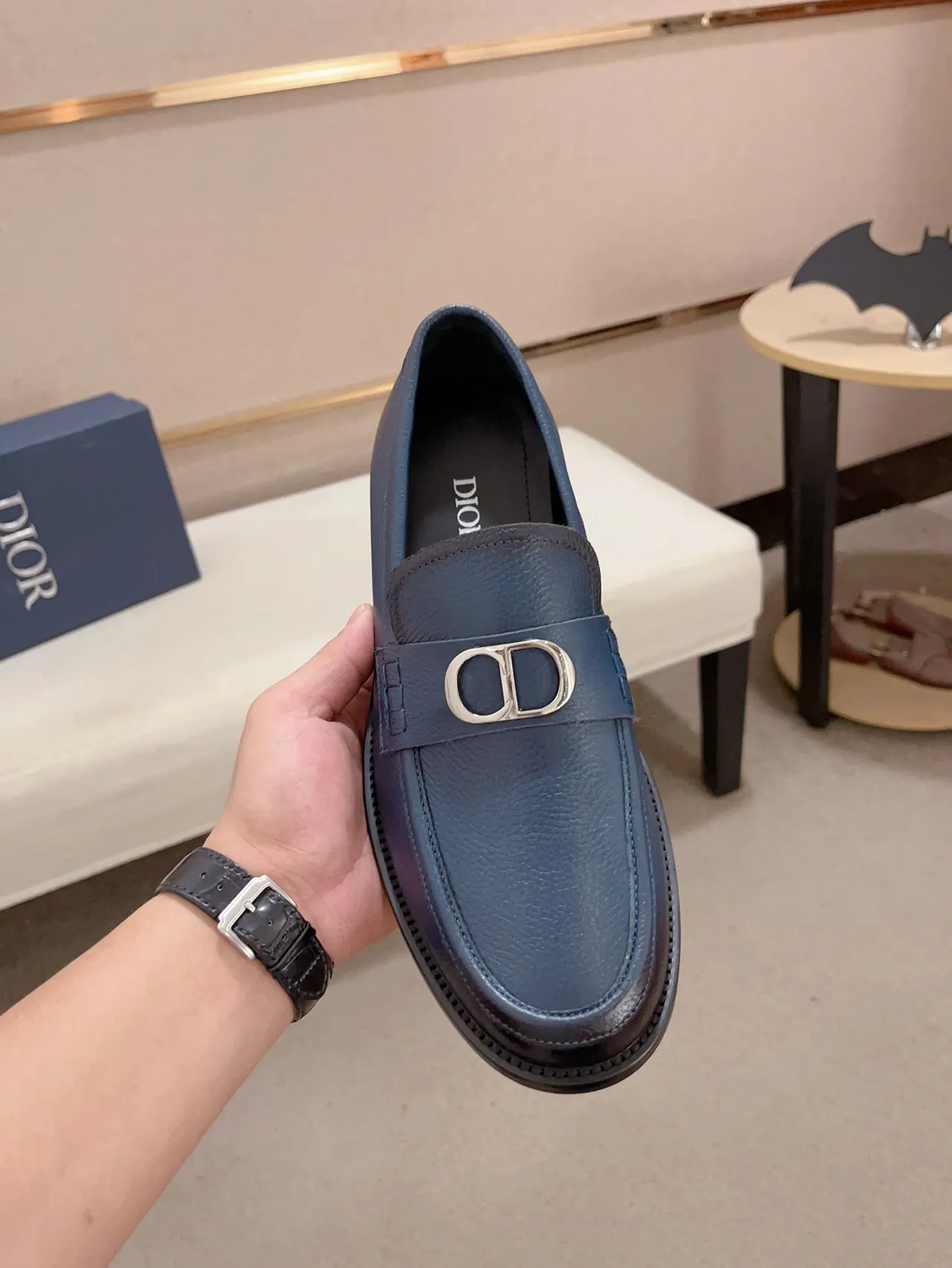 Blue Black Pebbled Leather Metal D-Buckle Strap Loafer 5