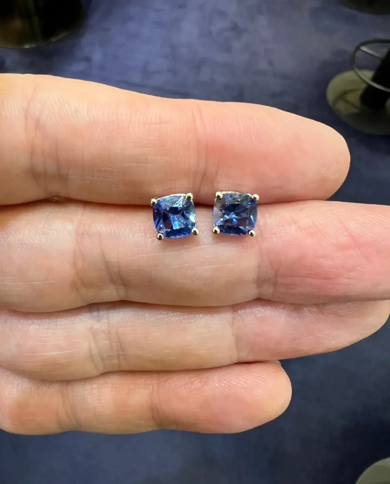 Blue Cushion-Cut Gemstone Stud Earrings 4