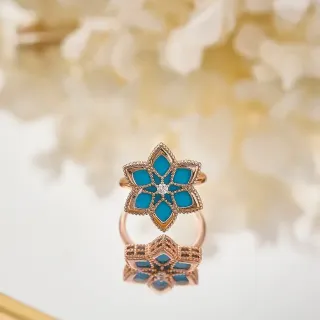 Blue Gold Floral Motif Turquoise Inlay Ring
