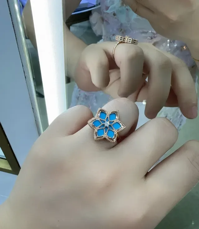 Blue Gold Floral Motif Turquoise Inlay Ring 3