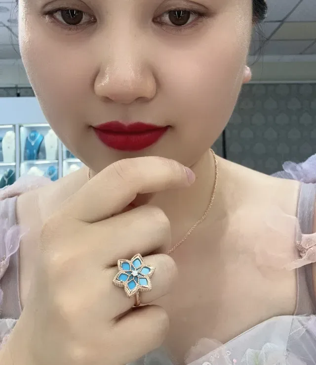 Blue Gold Floral Motif Turquoise Inlay Ring 4