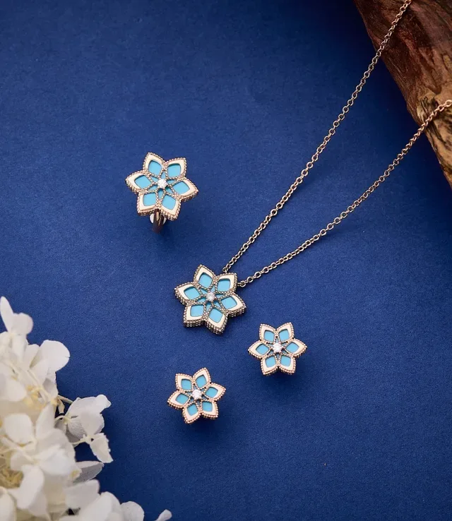 Blue Gold Floral Motif Turquoise Inlay Ring 7