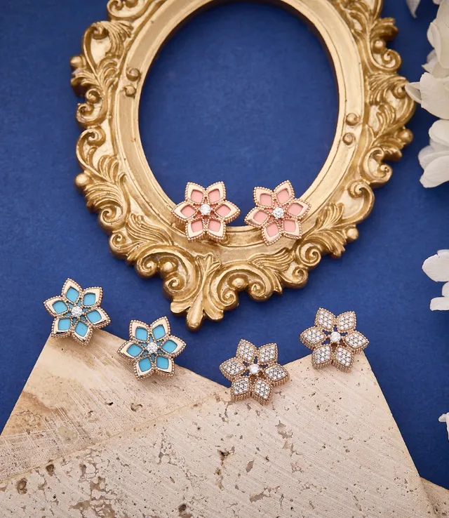 Blue Gold Floral Stud Enamel Petal Earrings 2