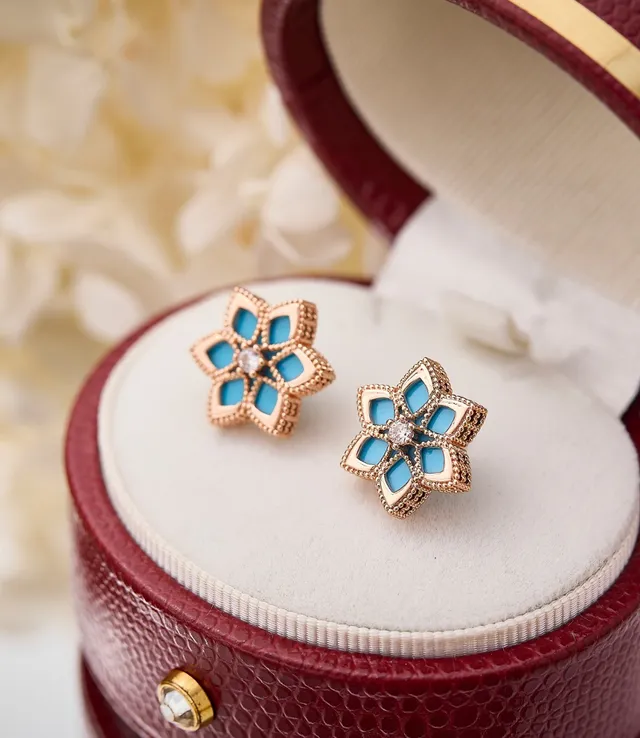 Blue Gold Floral Stud Enamel Petal Earrings 3