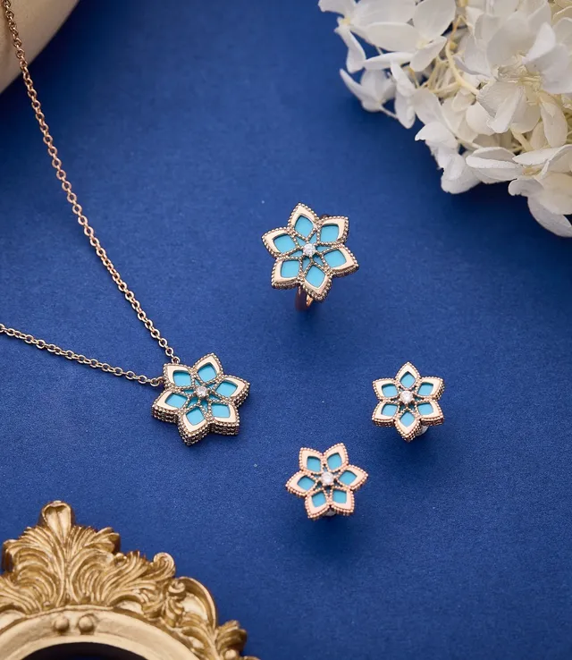 Blue Gold Floral Stud Enamel Petal Earrings 4