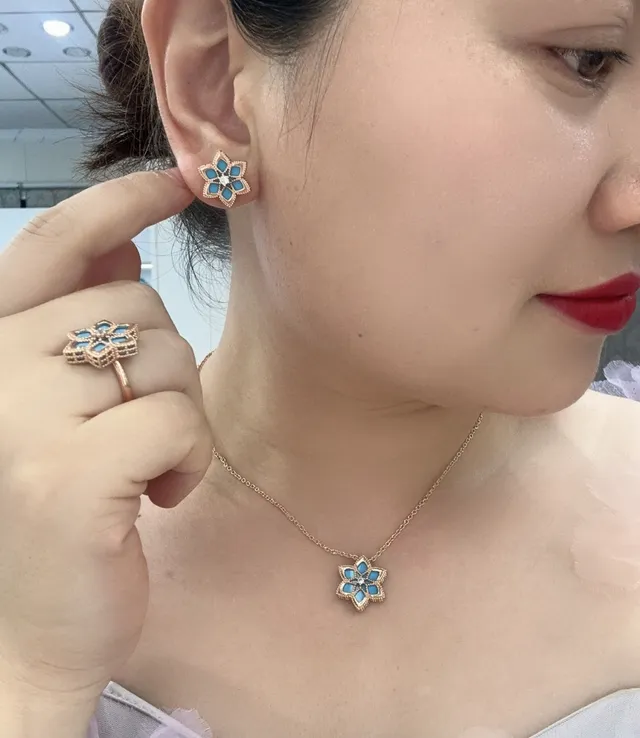 Blue Gold Floral Stud Enamel Petal Earrings 5