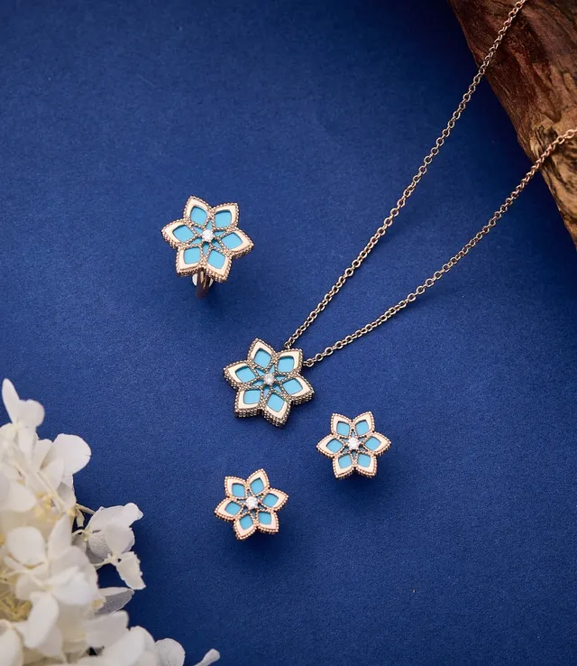 Blue Gold Floral Stud Enamel Petal Earrings 7