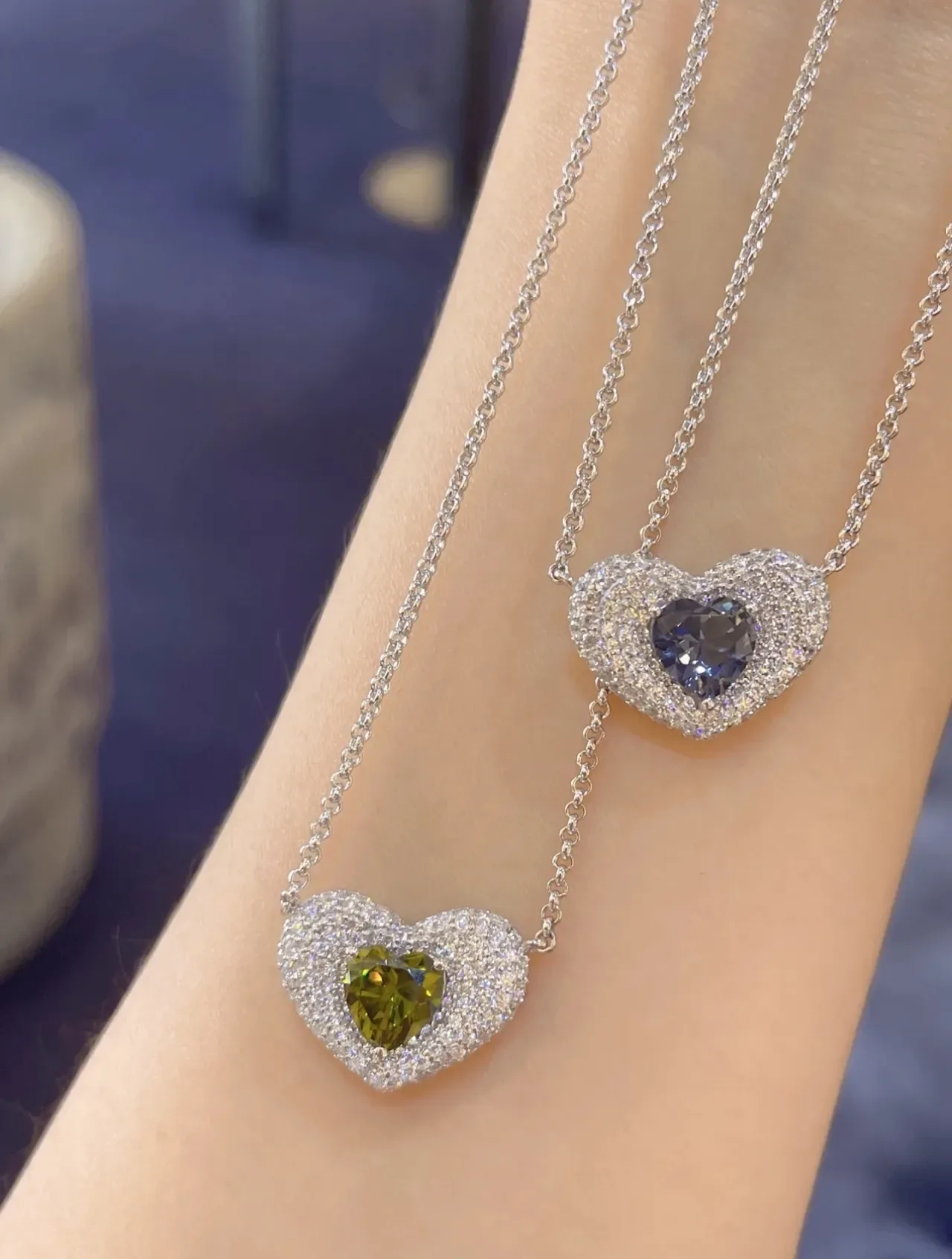Blue Green Heart-Shaped Pendant Pavé-Set Necklace 6