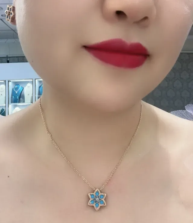 Blue Pink Floral Enamel Pendant Gold-Tone Metal Necklace 2