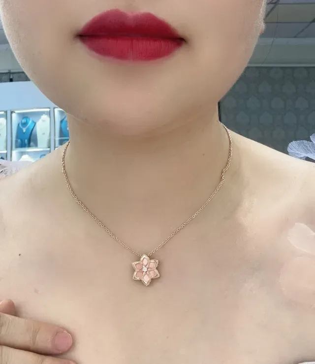 Blue Pink Floral Enamel Pendant Gold-Tone Metal Necklace 3