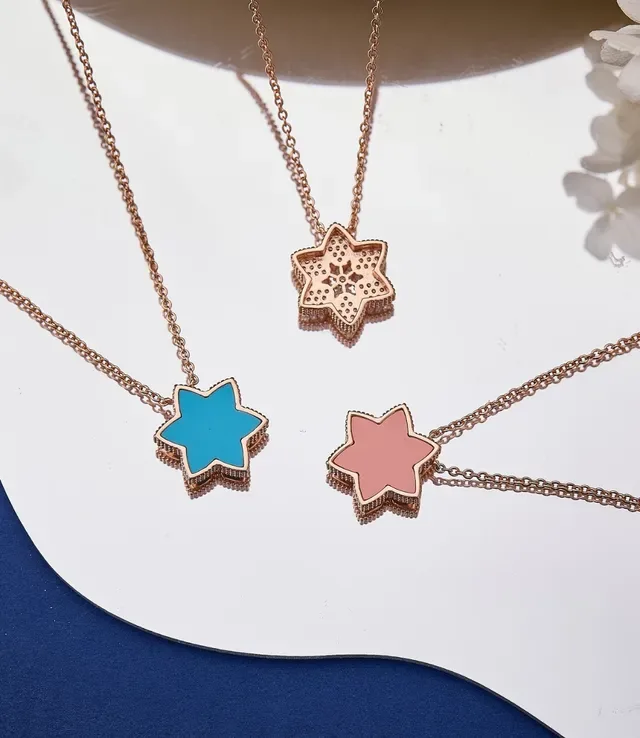 Blue Pink Floral Enamel Pendant Gold-Tone Metal Necklace 5