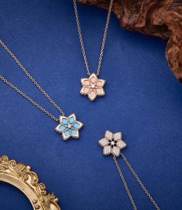 Blue Pink Floral Enamel Pendant Gold-Tone Metal Necklace 6