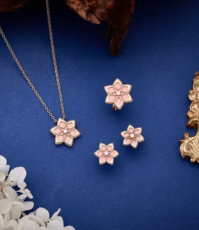 Blue Pink Floral Enamel Pendant Gold-Tone Metal Necklace 7