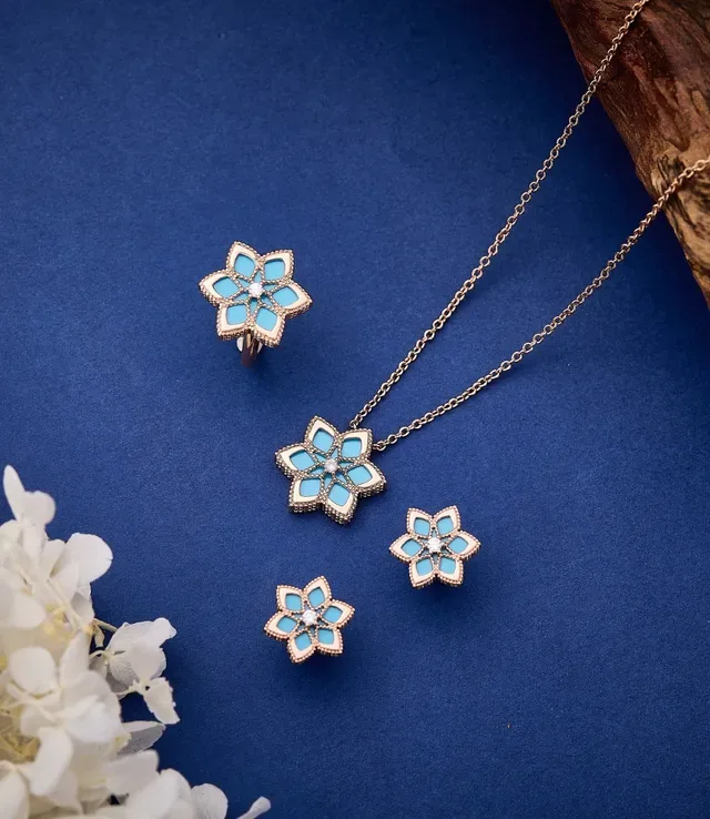 Blue Pink Floral Enamel Pendant Gold-Tone Metal Necklace 8