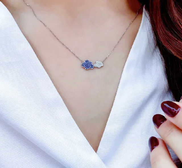 Blue Silver Cloud-Shaped Double Pendant Pavé-Set Gemstones Necklace 2